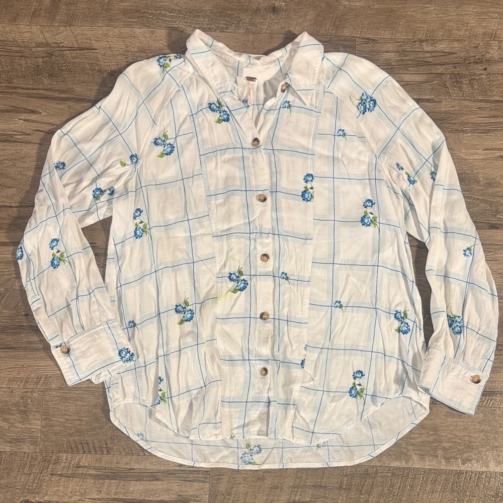 Free People White and Blue Plaid and Floral Button-Up Shirt - Size L